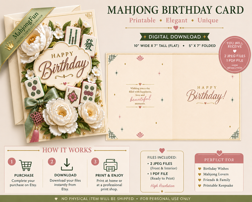 Elegant Mahjong Birthday Card Printable | 5x7 Digital Birthday Card | White Floral 3D Mahjong Greeting Card | Instant Download | Printable Card PDF & JPG