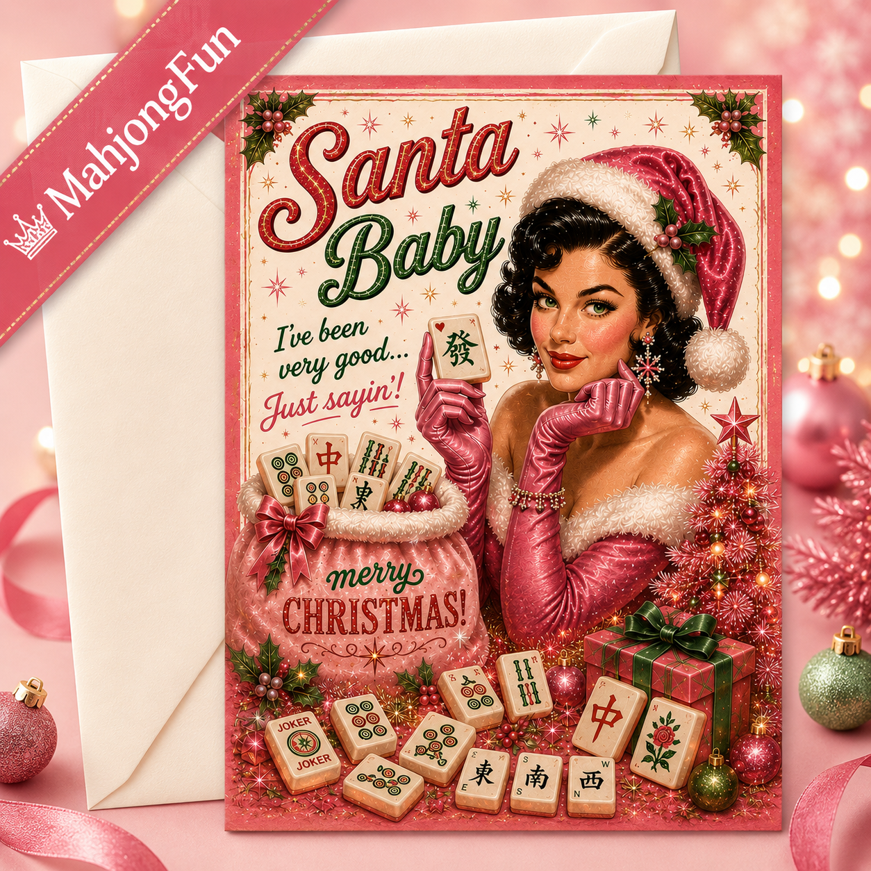 A retro-style Christmas greeting card featuring a vintage pin-up illustration of a woman in a Santa hat, surrounded by mahjong tiles, gifts, and a tree, with 'Santa Baby' and 'merry CHRISTMAS!' text. The card is shown with a white envelope on a pink holiday background with ornaments and ribbons.
