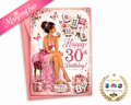 A 30th birthday greeting card featuring a pink illustration of a woman in a pink dress with mahjong tiles, butterflies, and the text 'Happy 30th Birthday!' and 'Madlyong Queen'. The card is displayed with a pink envelope, a pink 'MahjongFun' banner, and an 'As Seen On' NBC logo badge on a white background.