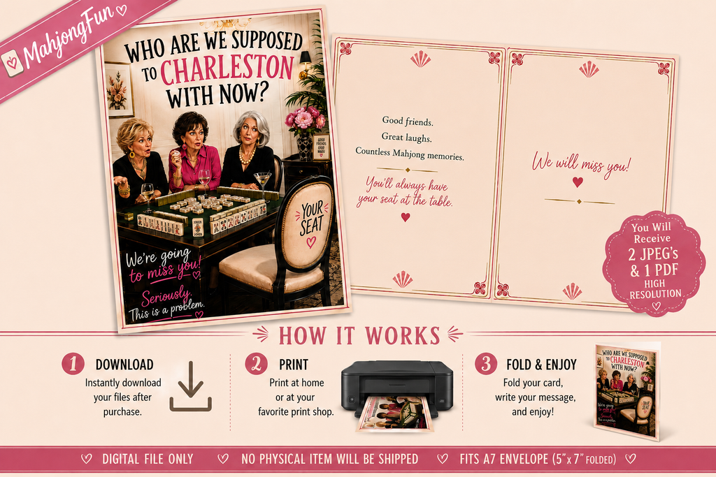 A promotional graphic for a customizable memorial card set by MajhongFun, showing the front and back of a Charleston-themed printed card, along with instructions on how to download, print, and fold the card. The design features a pink and beige color palette with small red heart accents.