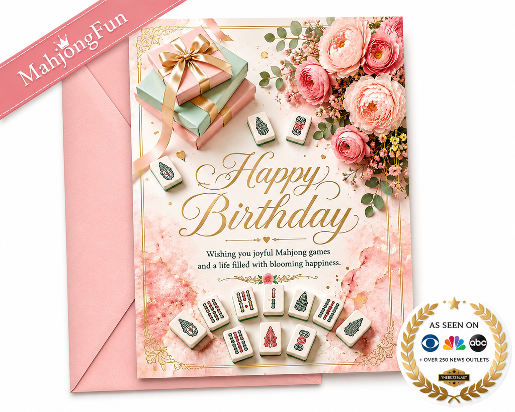 A pink and gold Happy Birthday card featuring floral arrangements, gift boxes, and mahjong tiles, shown with a matching pink envelope. A pink ribbon in the corner reads 'MahjongFun', and a 'As Seen On' badge appears in the bottom right.
