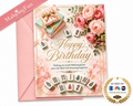 A pink and gold Happy Birthday card featuring floral arrangements, gift boxes, and mahjong tiles, shown with a matching pink envelope. A pink ribbon in the corner reads 'MahjongFun', and a 'As Seen On' badge appears in the bottom right.