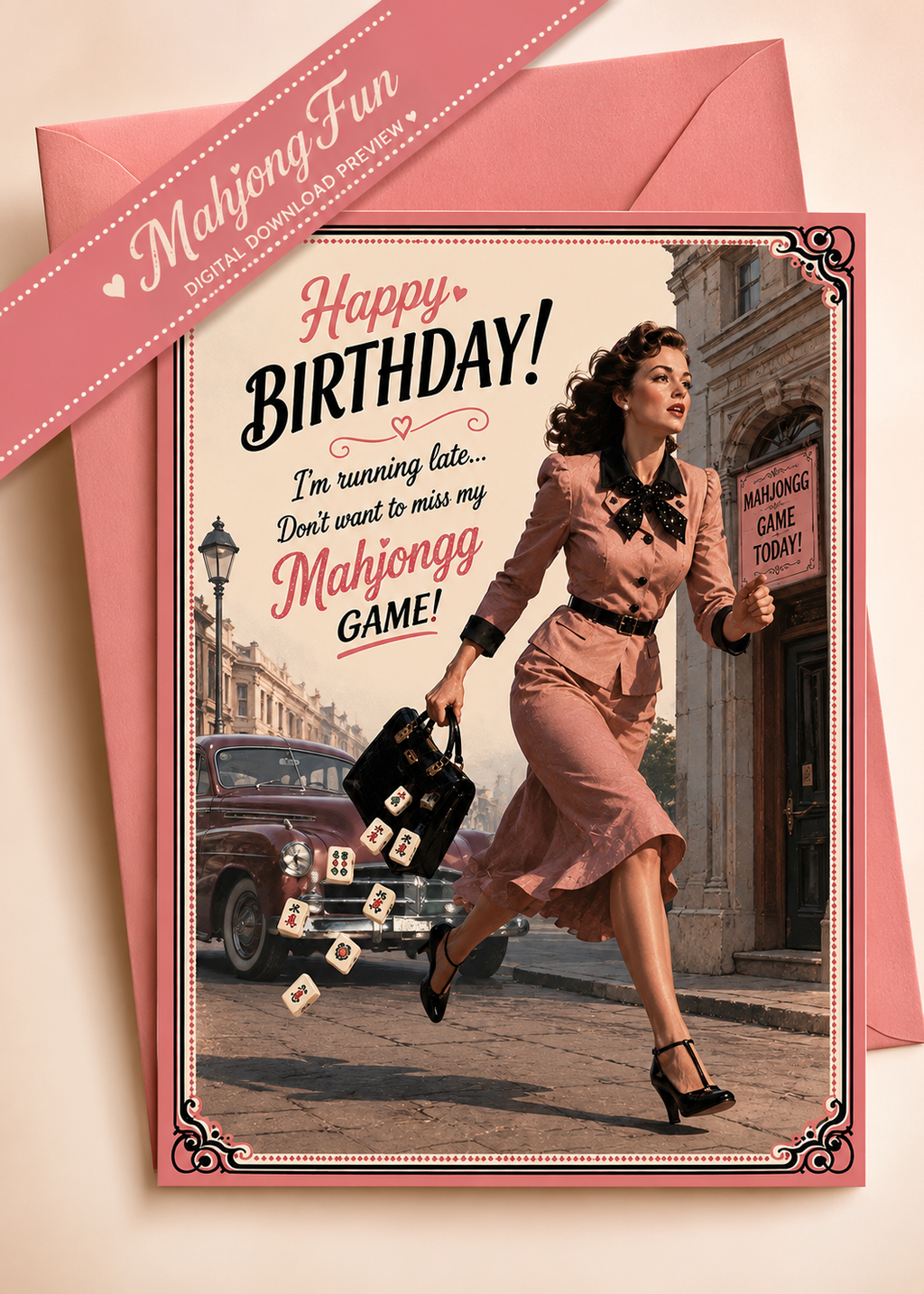 A birthday greeting card and matching envelope featuring a retro illustration of a woman running with a mahjong tile bag on a city street. The card reads 'Happy Birthday! I'm running late.