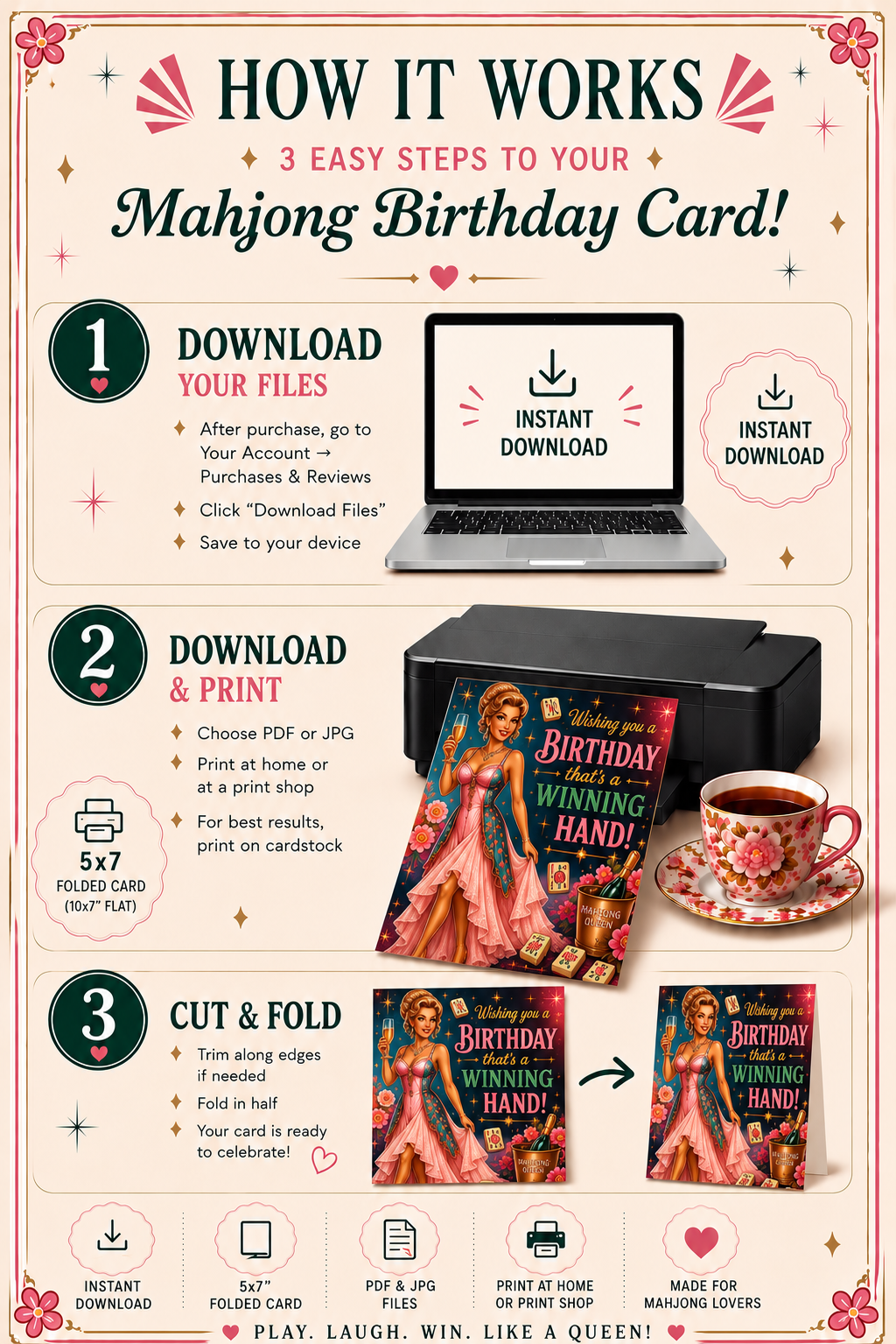 Celebrate your favorite Mahjong lover with a birthday card made especially for the woman who knows that a great day—just like a great Mahjong game—is all about getting the right tiles!

This glamorous printable Mahjong birthday card features a stylish Mahjong Queen, celebratory champagne, colorful Mahjong tiles, sparkling details, and the cheerful birthday message: