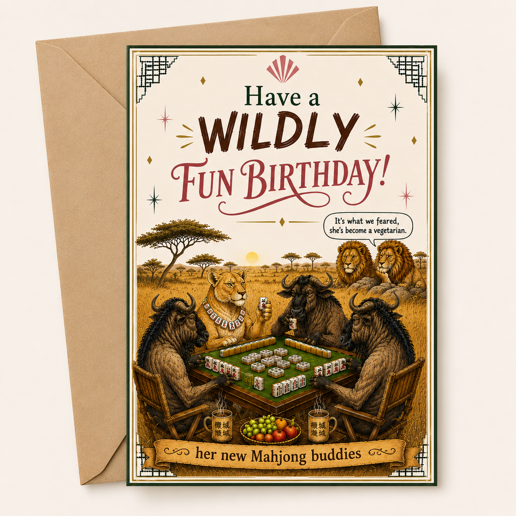 Birthday card with wild animals lion and buffalo playing mahjong, text 'Have a Wildly Fun Birthday!' and envelope.