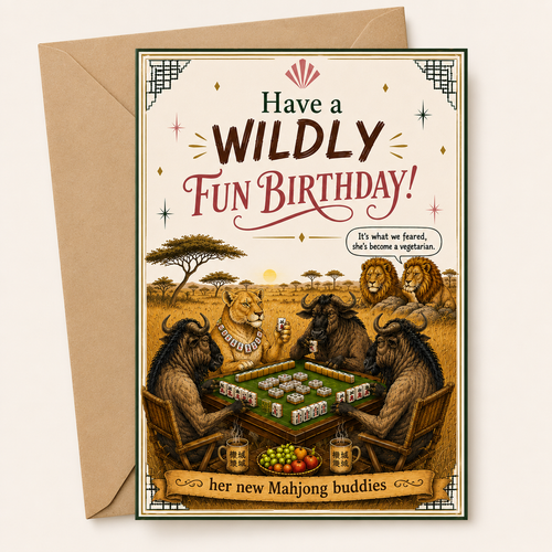 Birthday card with wild animals lion and buffalo playing mahjong, text 'Have a Wildly Fun Birthday!' and envelope.