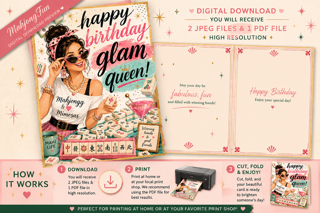A promotional graphic for a digital printable birthday card set titled 'glam queen!'. The design features a retro-style illustration of a woman in sunglasses and a headband, surrounded by cards, candies, and a cocktail, with text reading 'happy birthday glam queen!'.