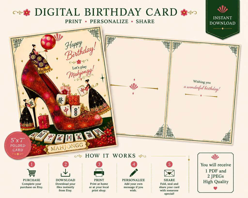 Digital birthday card template preview with a folded front and open back design, featuring a red high-heel shoe, cards, and playing cards on an off-white background. Text at the top reads 'DIGITAL BIRTHDAY CARD' with features like print, personalize, and share, plus a green 'INSTANT DOWNLOAD' badge and a step-by-step how-it-works section.