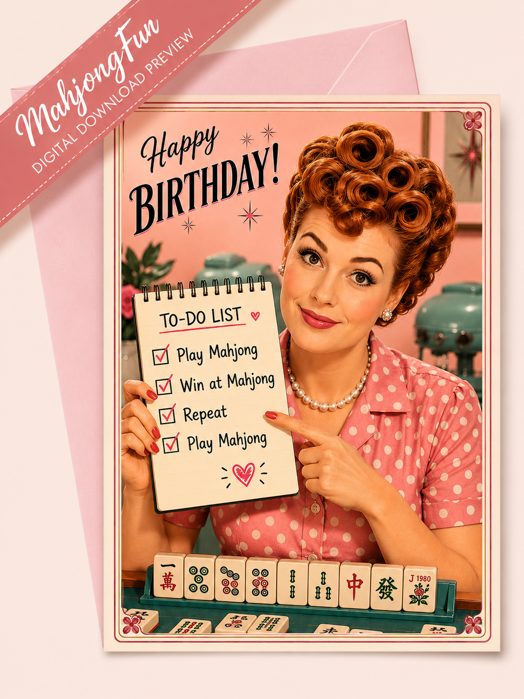 Funny Mahjong Birthday Card Printable, Retro 1950s Birthday Card, Instant Download, 5x7 Folded Card, Mahjong Gift