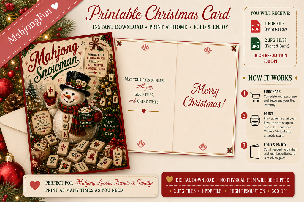 A promotional graphic for a printable Christmas card set titled 'Mahjong Snowman'. It shows a decorated Christmas scene on the left, an open cream-colored card layout in the center with 'Merry Christmas!' written inside, and a white envelope on the left.