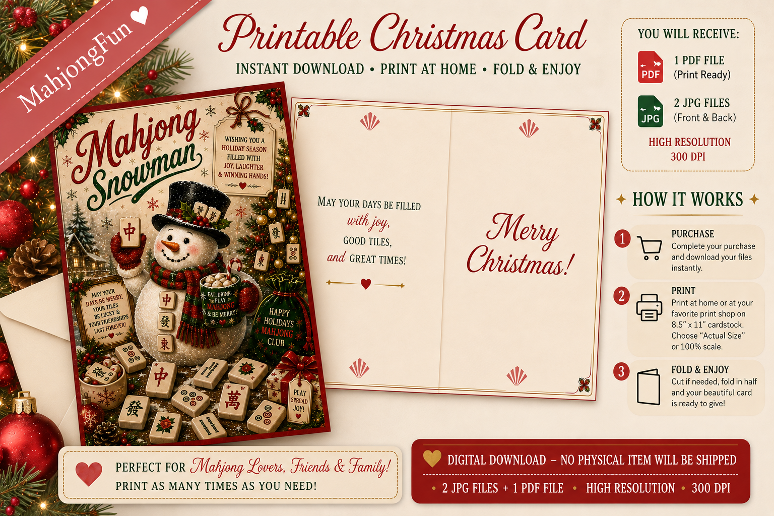 A promotional graphic for a printable Christmas card set titled 'Mahjong Snowman'. It shows a decorated Christmas scene on the left, an open cream-colored card layout in the center with 'Merry Christmas!' written inside, and a white envelope on the left.
