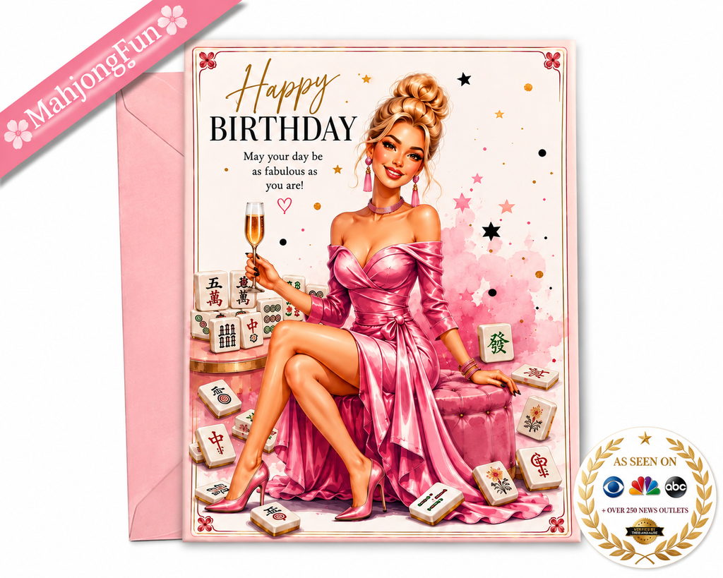 A pink and white 'Happy Birthday' greeting card featuring a retro-style illustration of a woman in a pink gown sitting on a pink sofa surrounded by mahjong tiles, shown with a matching pink envelope. A pink 'MahjongFun' banner is on the top left, and an 'As Seen On' logo is on the bottom right.