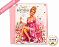 A pink and white 'Happy Birthday' greeting card featuring a retro-style illustration of a woman in a pink gown sitting on a pink sofa surrounded by mahjong tiles, shown with a matching pink envelope. A pink 'MahjongFun' banner is on the top left, and an 'As Seen On' logo is on the bottom right.