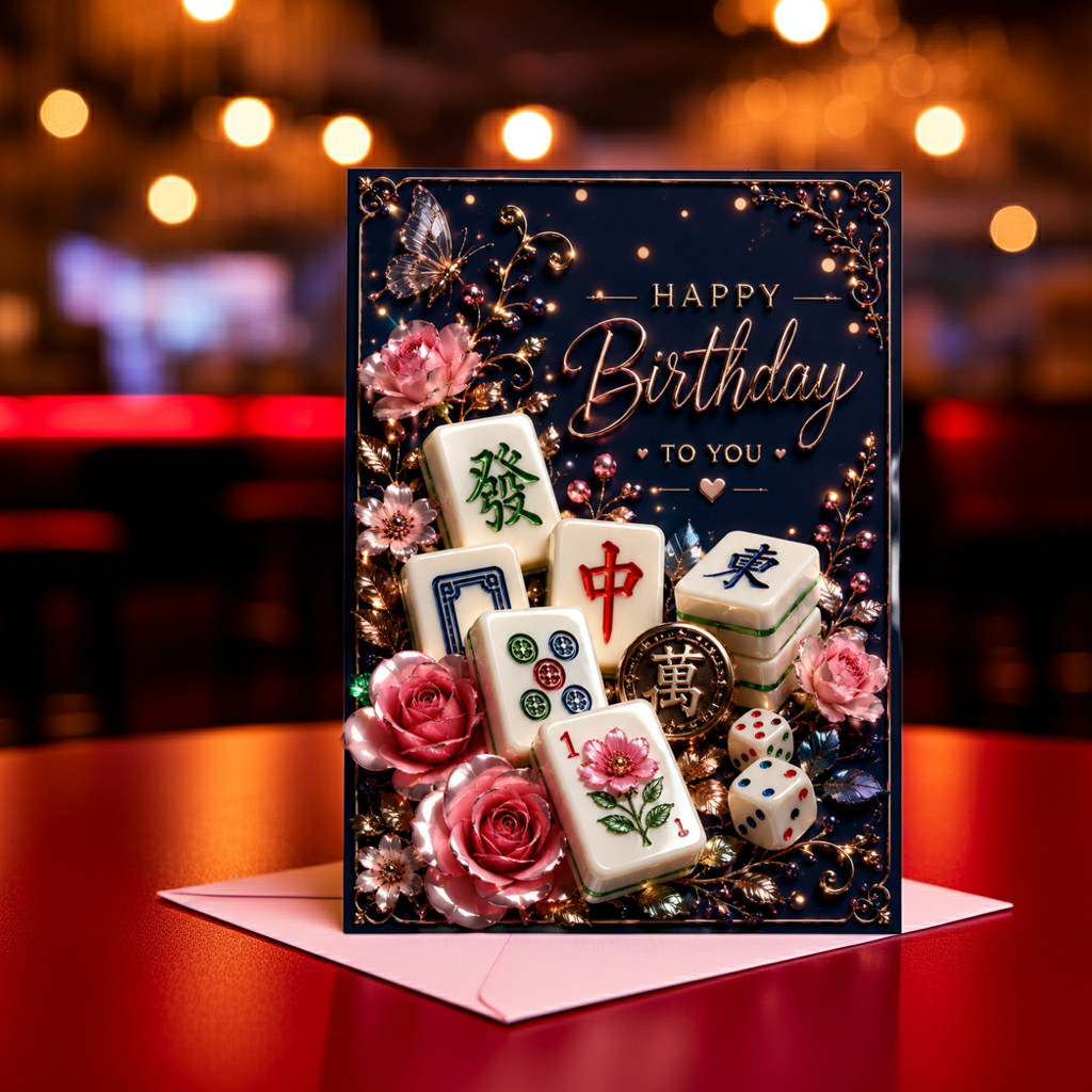 A decorative birthday card standing upright on a pink envelope, featuring mahjong tiles, pink roses, dice, and the text 'Happy Birthday to You' against a dark background with warm blurred lights in the distance.