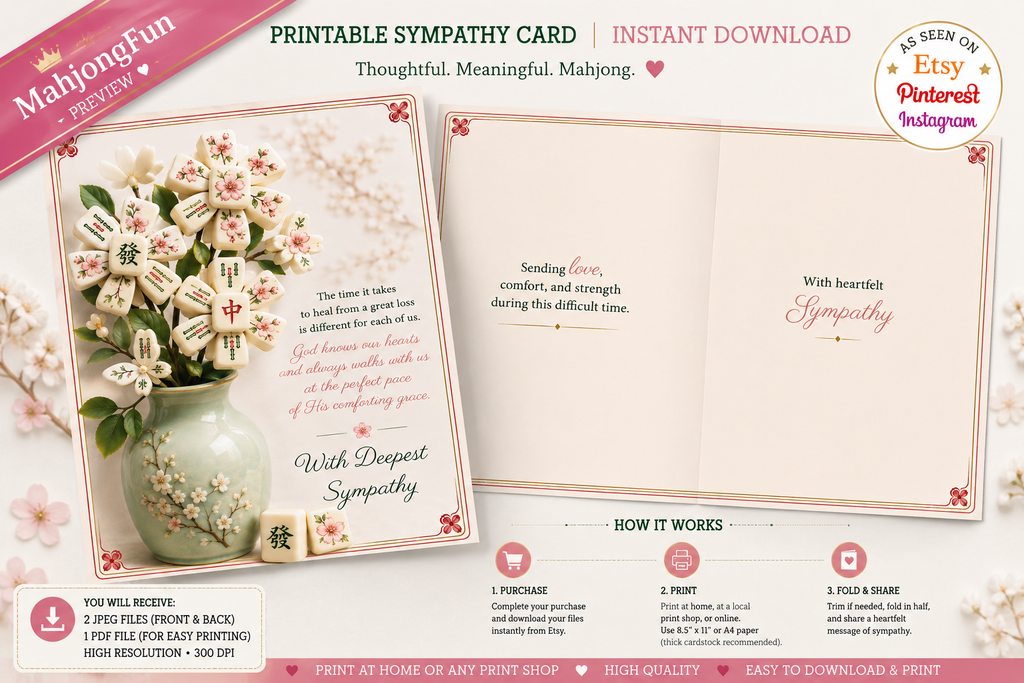 Printable sympathy card template preview with floral card designs, text layouts, and instructional steps on a light background. Prominent text reads 'Printable Sympathy Card | Instant Download' and shows branding for 'MahjongFun' and an Etsy/Pinterest Instagram badge.