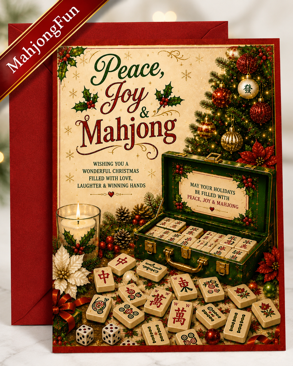 A festive Christmas-themed mahjong card and matching red envelope on a light marble surface. The card features the greeting 'Peace, Joy & Mahjong' above an illustrated mahjong set, decorated with a Christmas tree, ornaments, holly, pinecones, dice, and a lit candle.