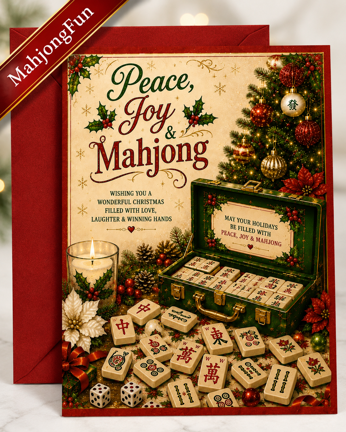 A festive Christmas-themed mahjong card and matching red envelope on a light marble surface. The card features the greeting 'Peace, Joy & Mahjong' above an illustrated mahjong set, decorated with a Christmas tree, ornaments, holly, pinecones, dice, and a lit candle.