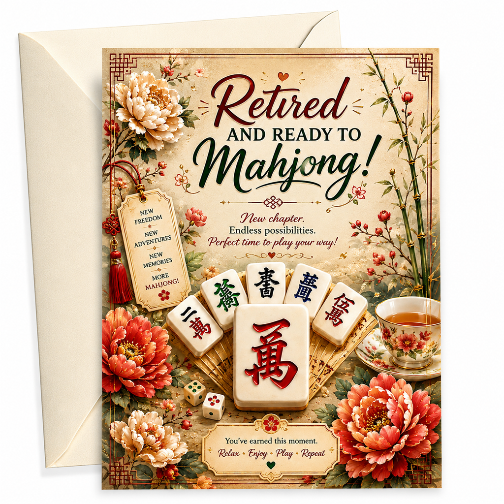 A decorative greeting card with an envelope behind it, featuring the text 'Retired and Ready to Mahjong!' surrounded by floral artwork, mahjong tiles, a teacup, and dice. The card is shown on a clean white background.