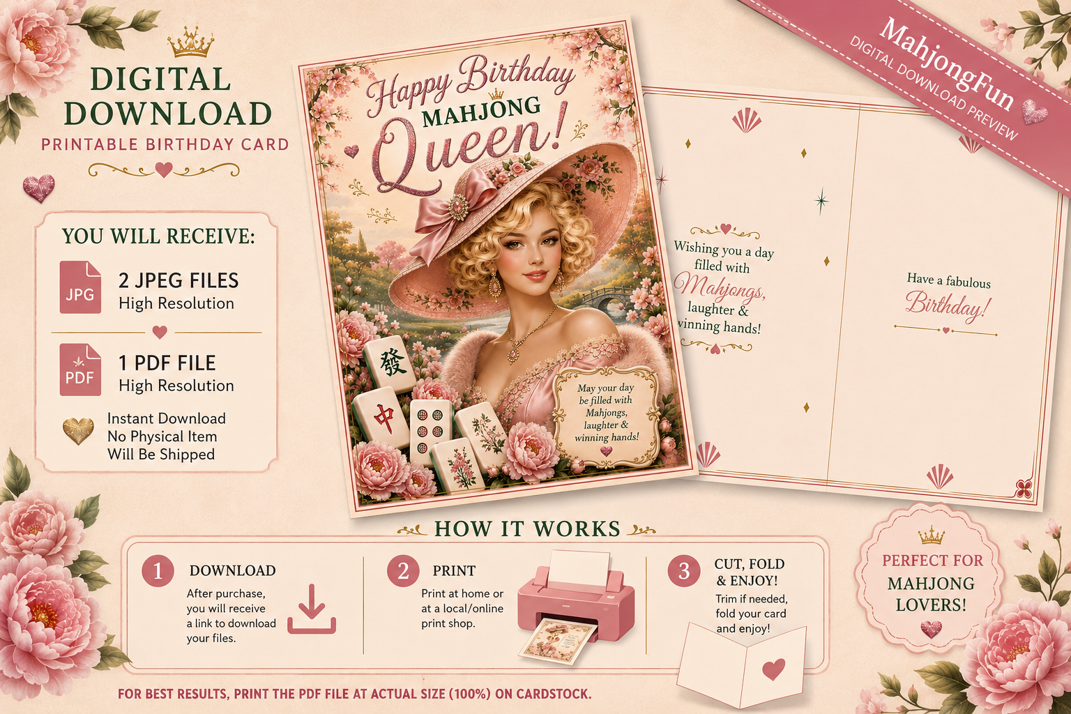 Digital preview of a printable birthday card set with a floral and vintage design. The main card reads 'Happy Birthday Mahjong Queen!' with an illustration of a woman in a pink hat and roses, alongside open card back and instruction panels for downloading, printing, and folding.