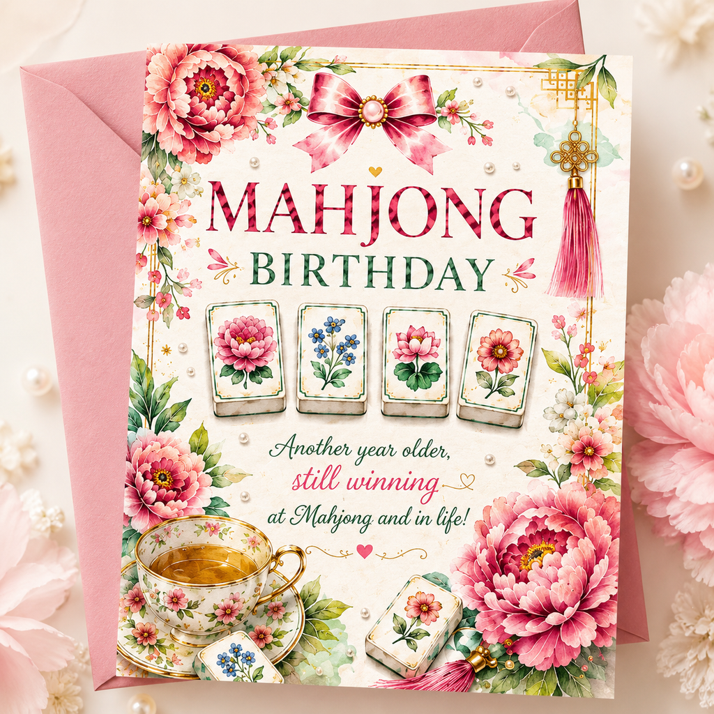 Mahjong Pink Flowers Birthday Card | Retro Flowers, (Digital Download)