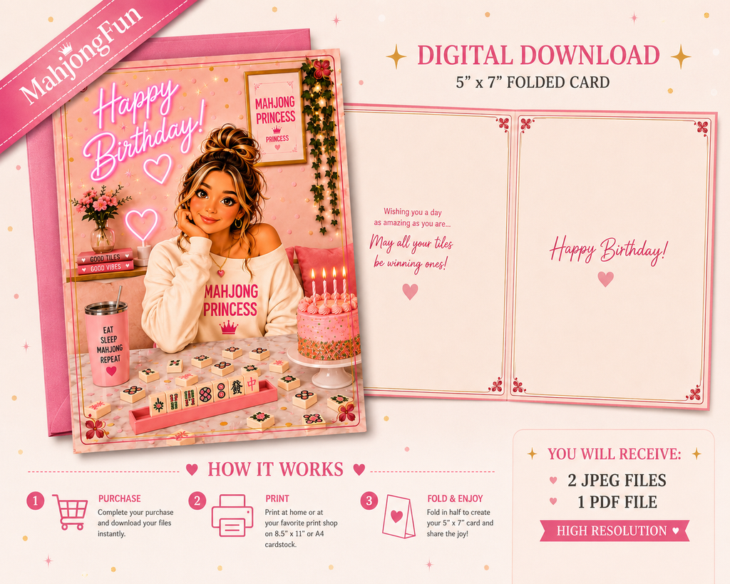 A promotional graphic for a digital birthday card download, showing a pink illustrated card design with a cartoon girl, a birthday cake, and text reading 'DIGITAL DOWNLOAD', '5" x 7" FOLDED CARD', and 'YOU WILL RECEIVE: 2 JPEG FILES, 1 PDF FILE'. The layout includes step-by-step usage information and a pink decorative background with small stars.
