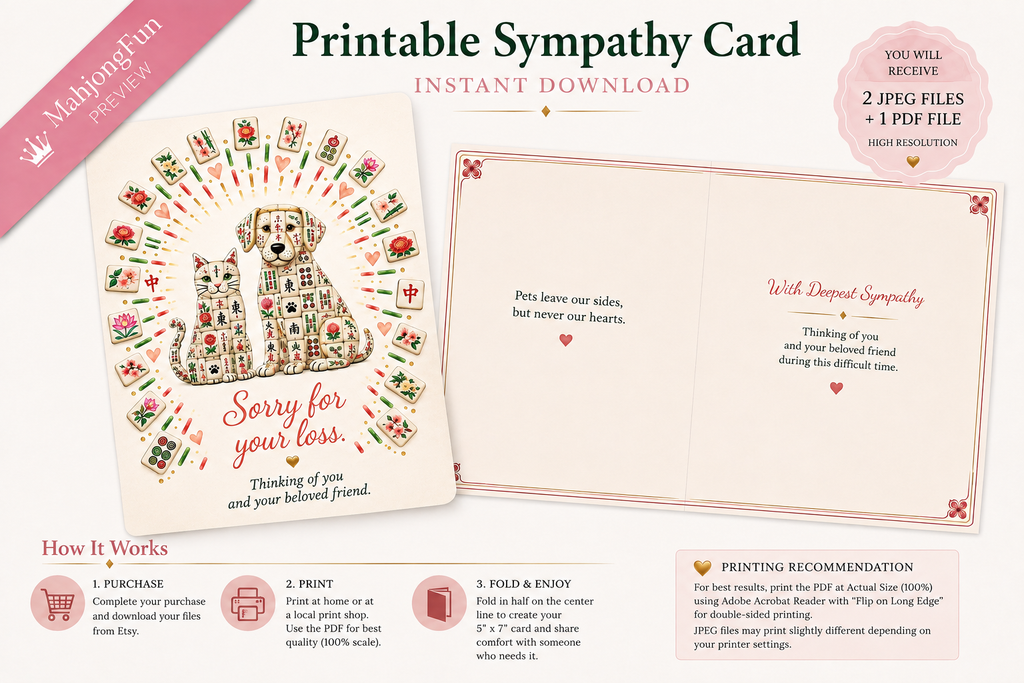 A digital mockup for a printable sympathy card template, showing an open card with a cat and dog mahjong tile illustration and text, plus a closed card view, on a light gray background with promotional text and icons.