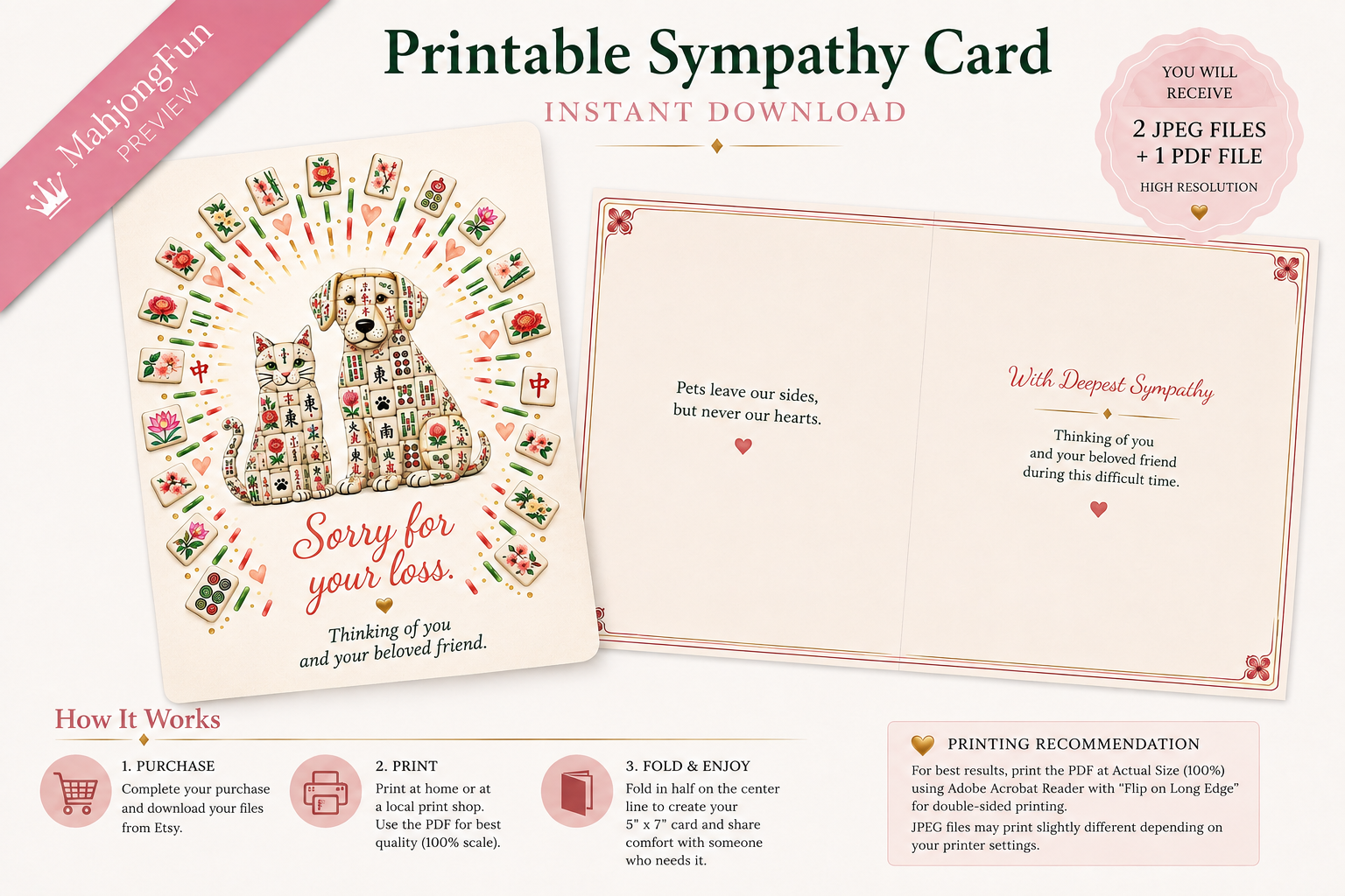 A digital mockup for a printable sympathy card template, showing an open card with a cat and dog mahjong tile illustration and text, plus a closed card view, on a light gray background with promotional text and icons.