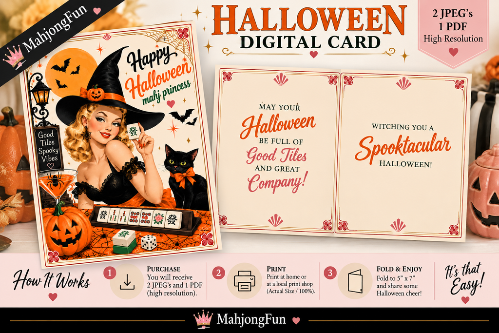 This retro-inspired Halloween Mahjong greeting card features a glamorous vintage witch, her mischievous black cat, pumpkins, bats, spiderwebs, and—of course—Mahjong tiles. With the playful greeting “Happy Halloween, Mahj Princess”, it’s a fun Halloween card for the Mahjong player who would rather be chasing jokers than ghosts.