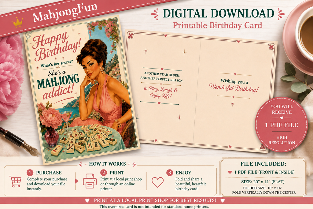 An oversized folded birthday card with a retro 1950s-style illustration of a woman at a mahjong table, shown with a pink envelope on a white background. The card reads 'Happy Birthday! What's her secret? She's a MAHJONG addict!' and includes promotional text and a 'As Seen on ABC' seal.