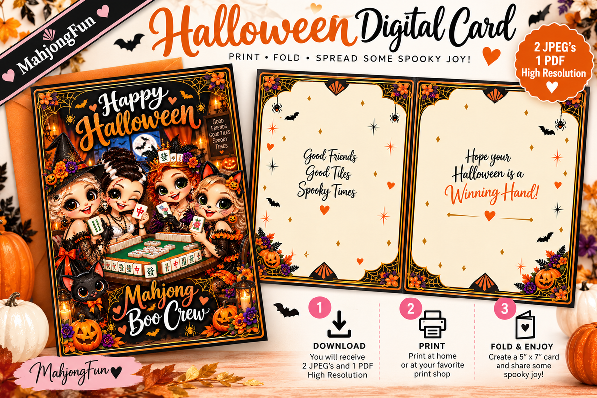 Digital product listing graphic for a Halloween printable card set by MahjongFun. The design shows a black-and-orange promotional banner, two sample folded card designs with cute illustrated characters and spooky text, pumpkins, bats, and decorative borders, plus step icons for download, print, and fold.