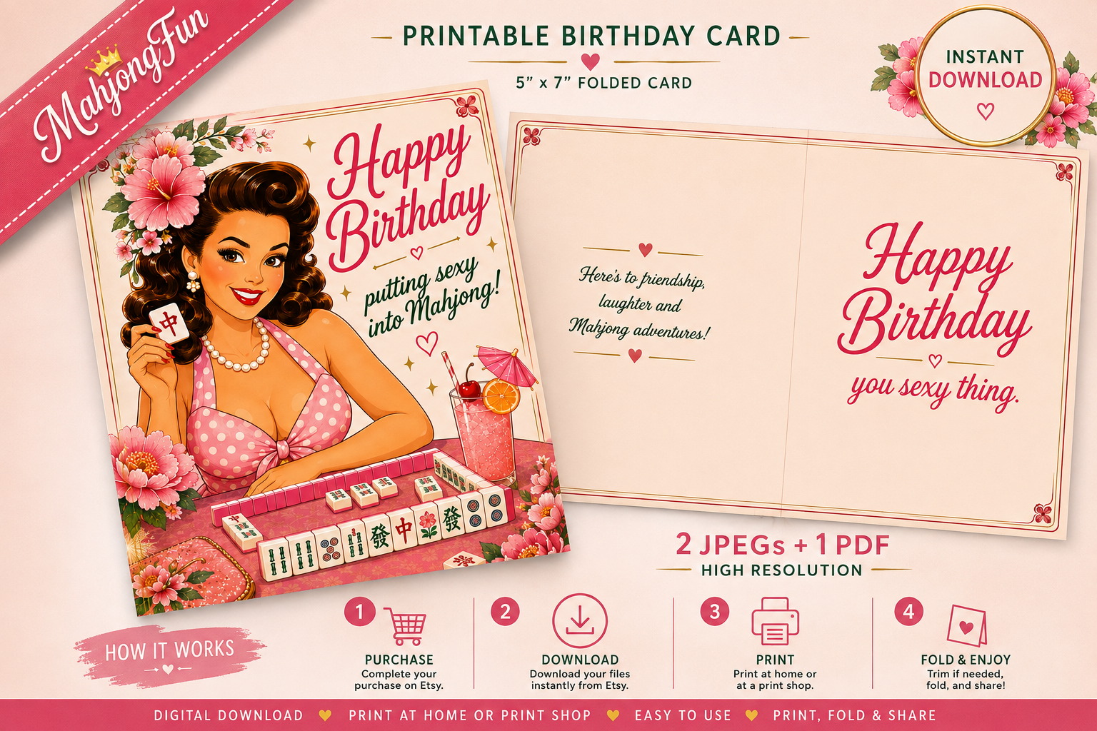 A promotional graphic for a printable birthday card template. It shows a vintage-style illustrated card with a retro woman playing mahjong and the text 'Happy Birthday' and 'putting sexy into Mehjong!', alongside an open interior view with the text 'Happy Birthday you sexy thing.