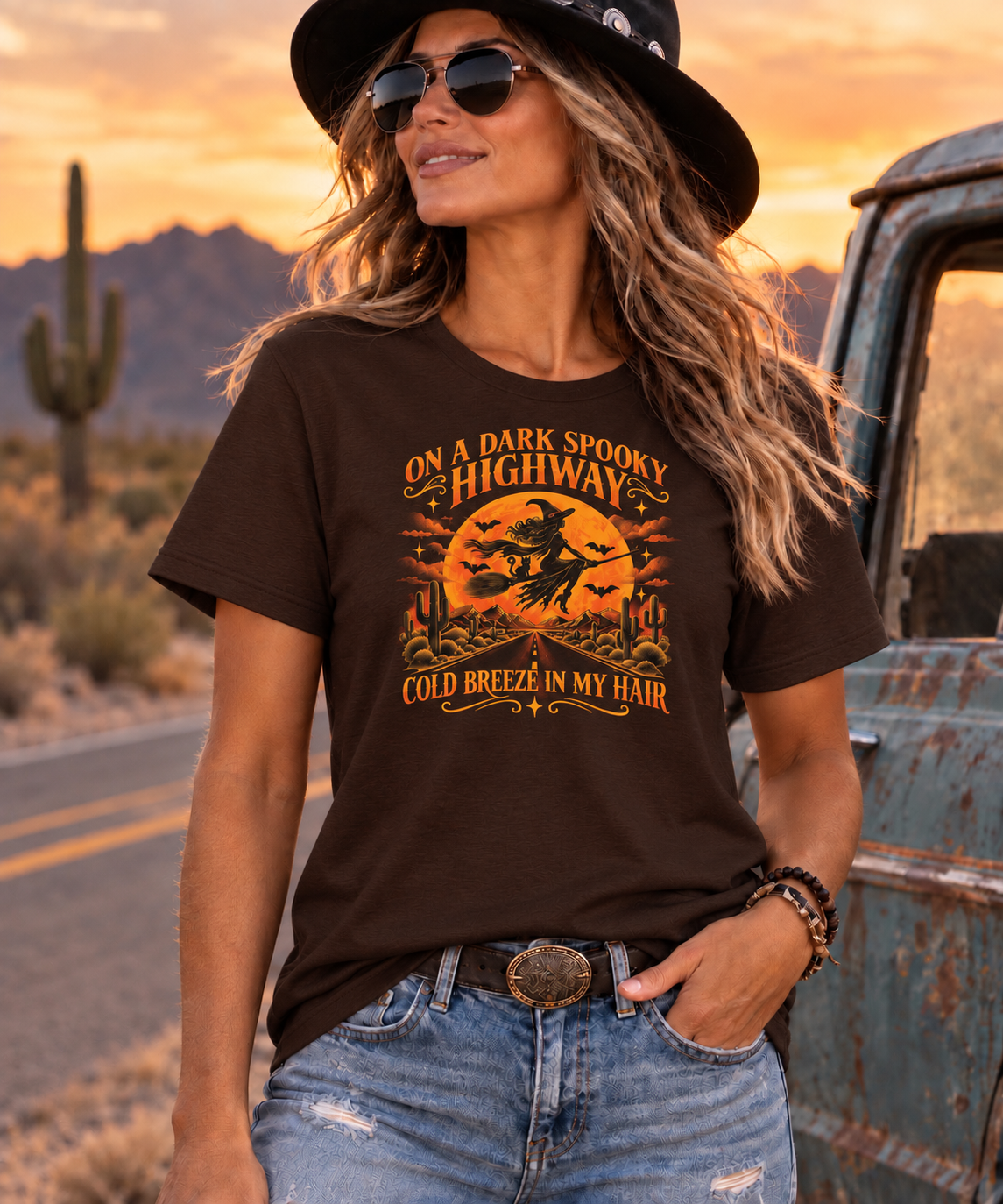 Halloween Witch T-Shirt — "On a Dark Spooky Highway" Retro Pumpkin Design