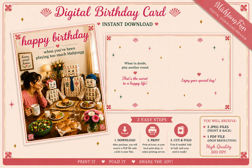 A digital birthday card template preview with a pink and cream design, featuring a sample folded card with a photo of children, text, and step-by-step download instructions.