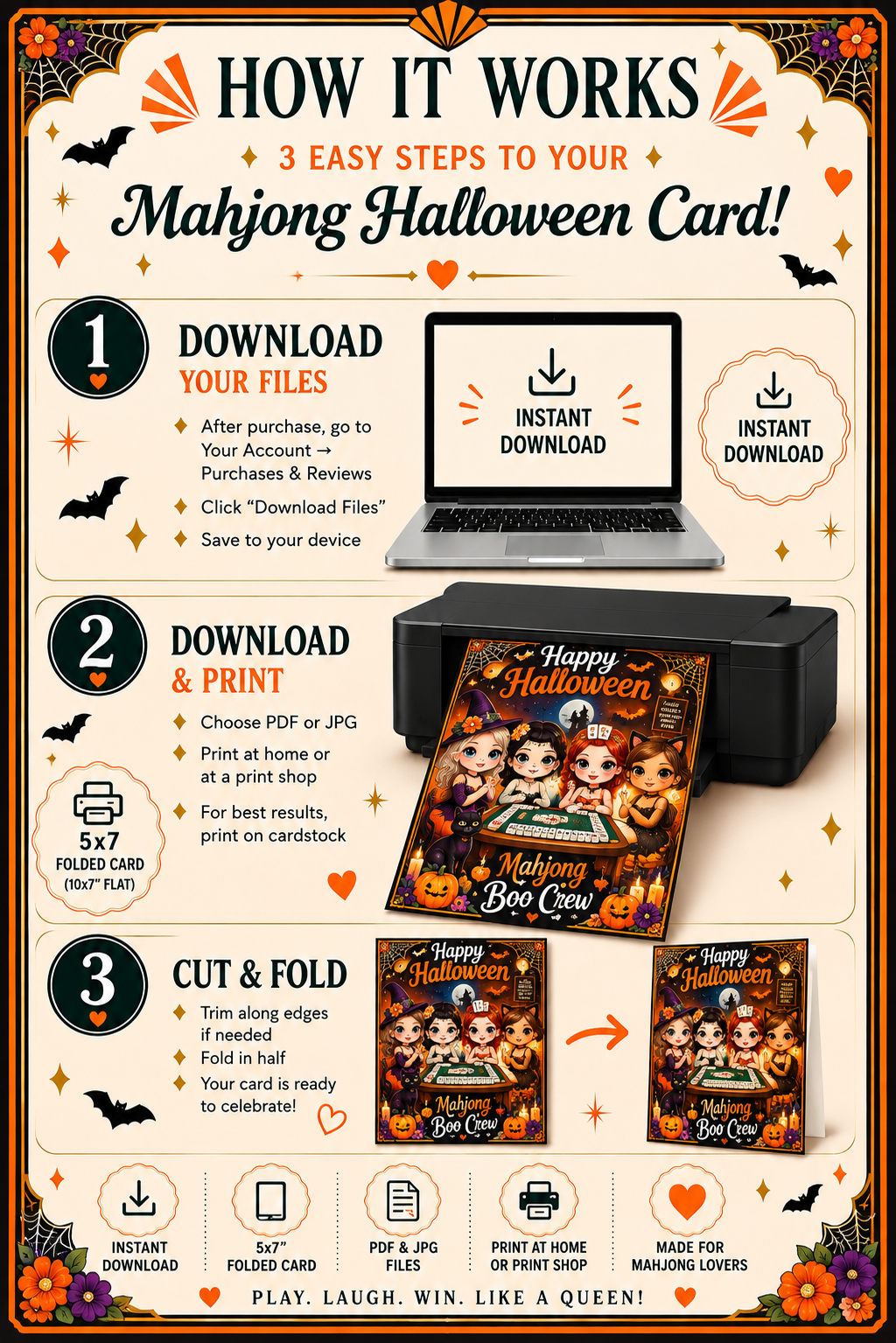 An infographic titled 'HOW IT WORKS' for making a Mahjong Halloween card, showing three numbered steps: download files, download and print, and cut and fold. The design features a festive Halloween theme with bats, pumpkins, and a black mahjong set, with text explaining instant download and print options.