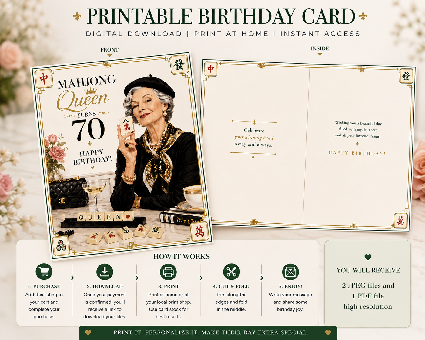 Birthday card for a 70-year-old woman with a mahjong theme, featuring text and images of a woman holding mahjong tiles.