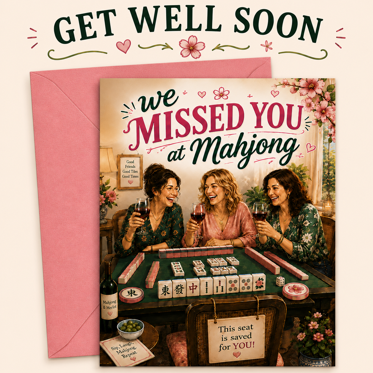 A greeting card and matching pink envelope shown on a light beige background. The card reads 'we MISSED YOU at Mahjong' with a printed illustration of three women playing mahjong at a table.
