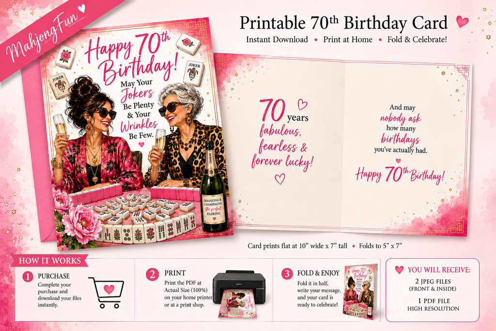 A pink promotional graphic for a printable 70th birthday card. The main area shows two illustrated women at a blackjack table with the headline 'Happy 70th Birthday!' and sample card text.