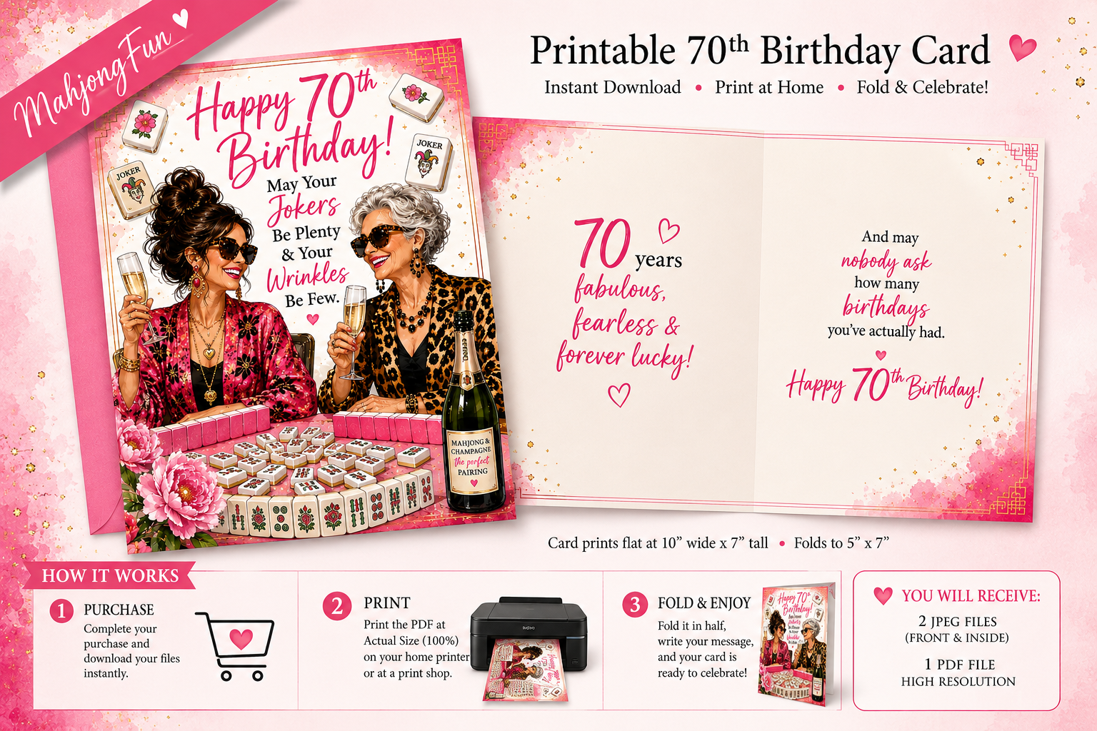 A pink promotional graphic for a printable 70th birthday card. The main area shows two illustrated women at a blackjack table with the headline 'Happy 70th Birthday!' and sample card text.