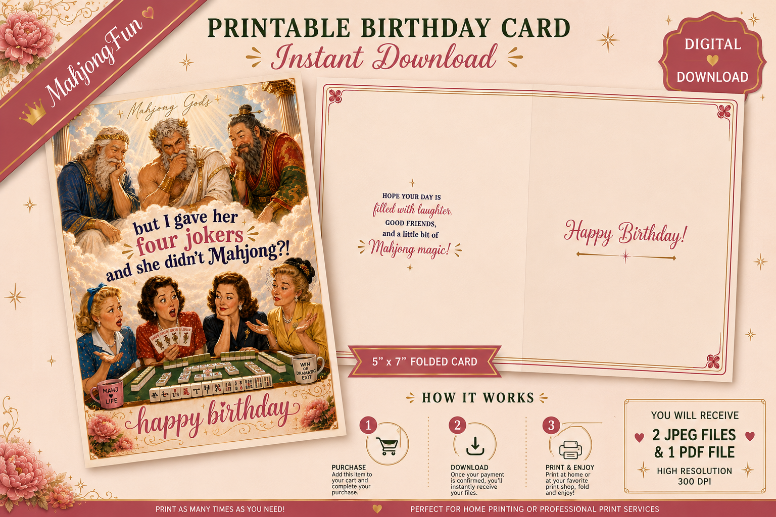Digital preview of a printable mahjong themed birthday card template with a vintage-style illustration and text, labeled as a digital download instant download.