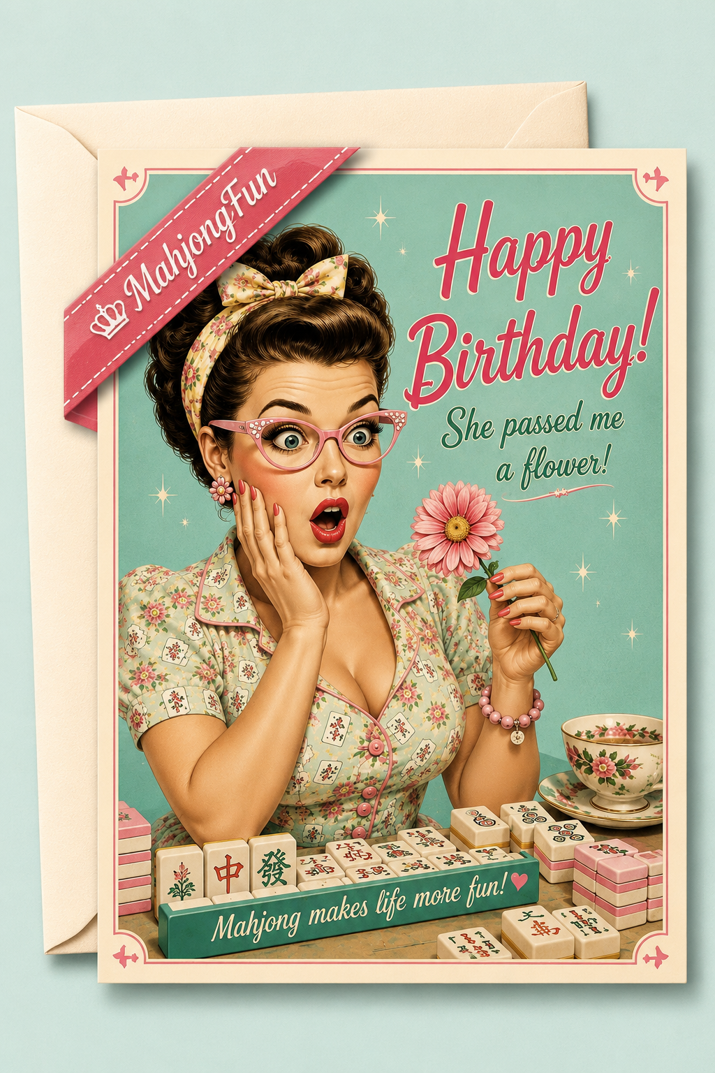 A retro-style birthday greeting card featuring a pin-up woman holding a flower with mahjong tiles and a teacup, with the text 'Happy Birthday! She passed me a flower!' and a pink ribbon reading 'MaijongFun'.