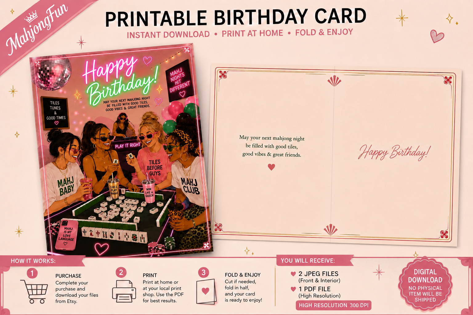 A promotional graphic for a printable birthday card template set. The design shows a pink-themed mockup of a folded card with a party photo and text, alongside an open blank card layout with message placeholders.