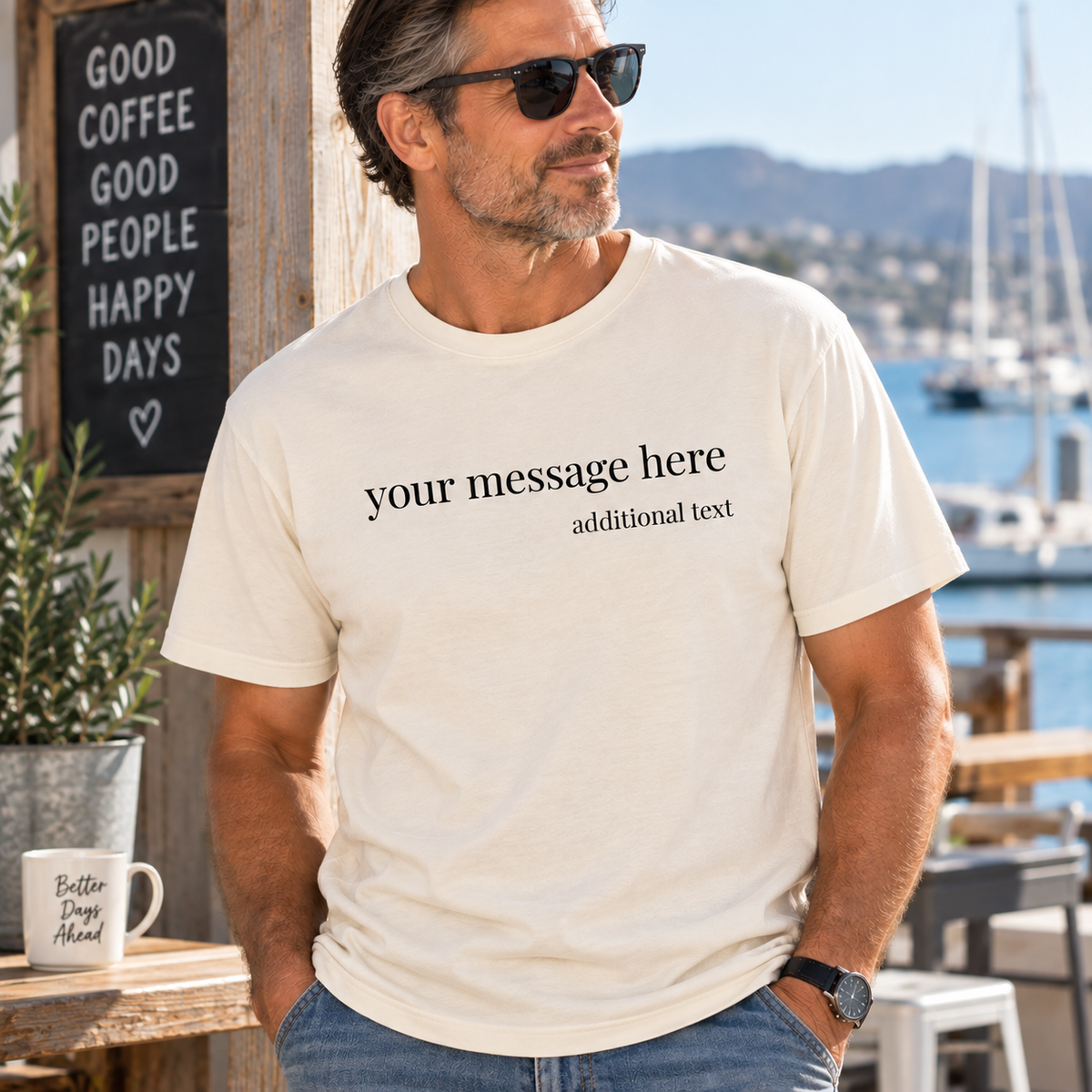 A man wearing a cream-colored customizable t-shirt with black placeholder text 'your message here' and 'additional text' printed on the chest, set against a sunny outdoor marina background.