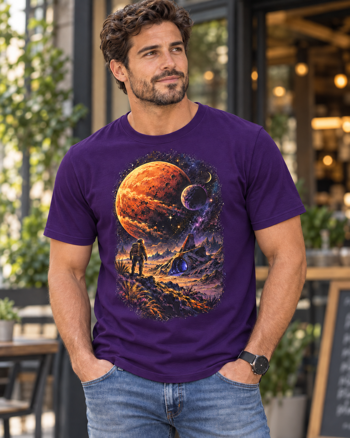A man wearing a purple short-sleeve t-shirt with a colorful cosmic graphic print of a planet, astronaut, and eye, paired with blue jeans in an outdoor cafe setting.