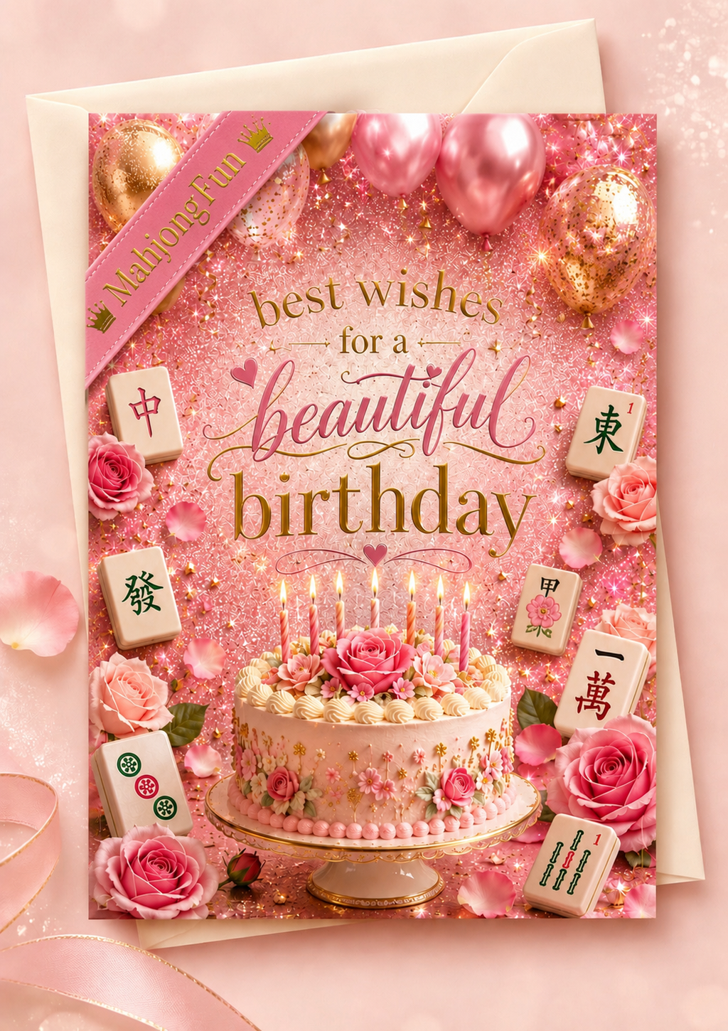 A pink birthday greeting card with a matching envelope, featuring a glittery pink background, balloons, roses, a birthday cake with candles, and mahjong tiles with Chinese characters. The card reads 'best wishes for a beautiful birthday'.