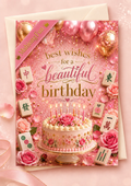 A pink birthday greeting card with a matching envelope, featuring a glittery pink background, balloons, roses, a birthday cake with candles, and mahjong tiles with Chinese characters. The card reads 'best wishes for a beautiful birthday'.