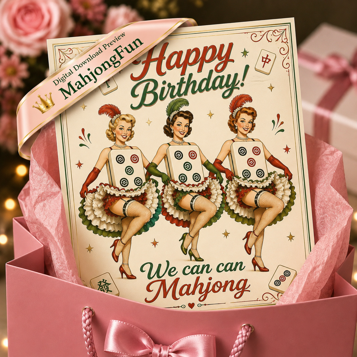 Funny Mahjong Birthday Card Printable | We Can Can Mahjong | Retro 1950s Pin-Up Birthday Card | Instant Digital Download