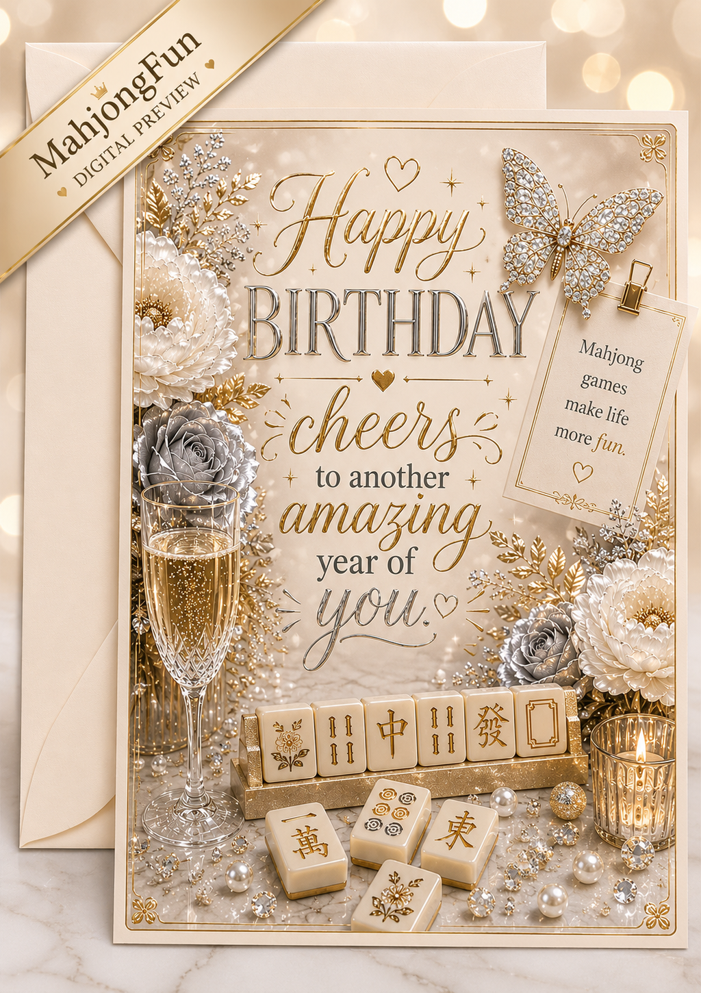 A luxury-themed Chinese New Year birthday greeting card and matching envelope. The card features elegant gold and gray typography reading 'Happy Birthday cheers to another amazing year of you', decorated with a glittery butterfly, champagne flute, mahjong tiles, white flowers, and gold ornaments.
