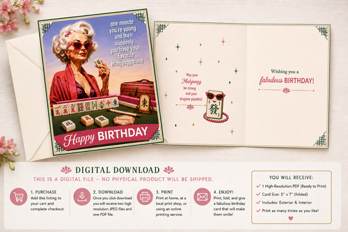 Vintage-style birthday card with a woman playing mahjong, accompanied by an envelope and digital download information.