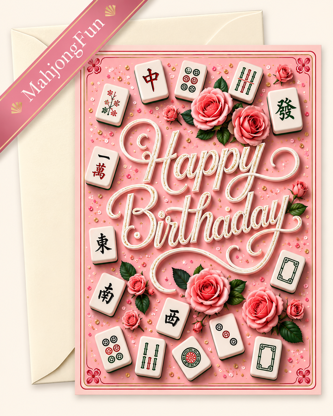 A pink Mahjong-themed birthday card with 3D-style white cursive text reading 'Happy Birthday,' surrounded by pink roses, green leaves, and illustrated mahjong tiles. A cream envelope is partially visible behind the card, and a pink ribbon in the corner reads 'MahjongFun.