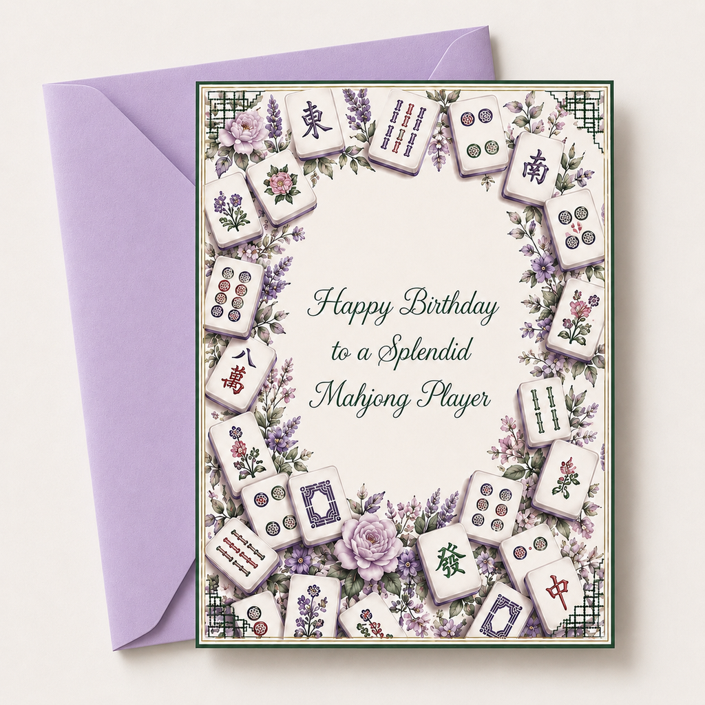 A square greeting card with a lavender envelope behind it, featuring illustrated mahjong tiles and flowers around the border with the text 'Happy Birthday to a Splendid Mahjong Player' in the center.